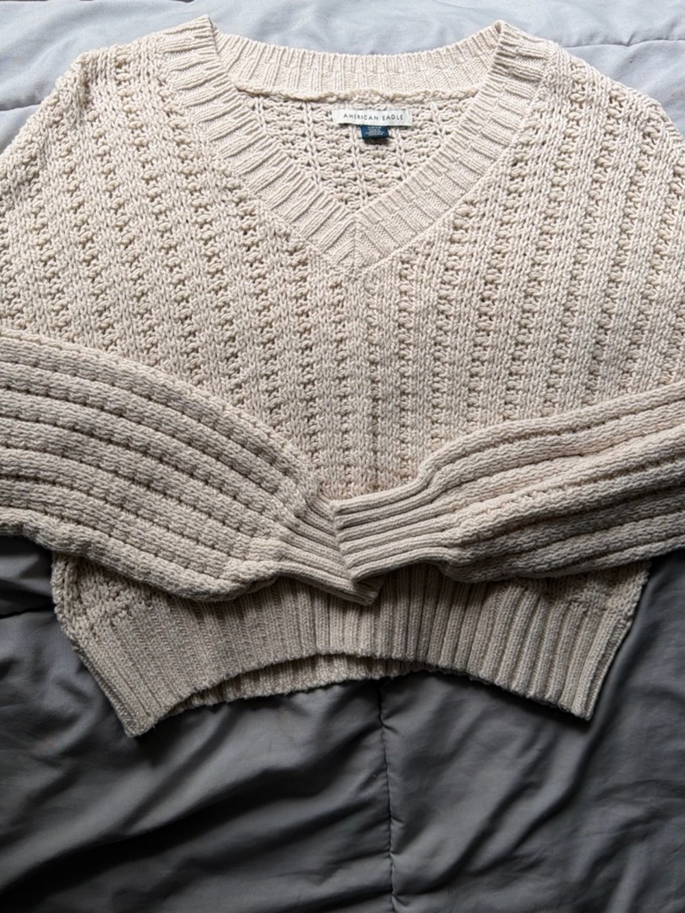American Eagle Outfitters Beige V-Neck Cable Knit Sweater